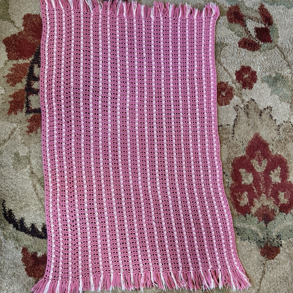 VTG Pink Stripe Tassel Crochet Afghan Throw Blanket 70x41"